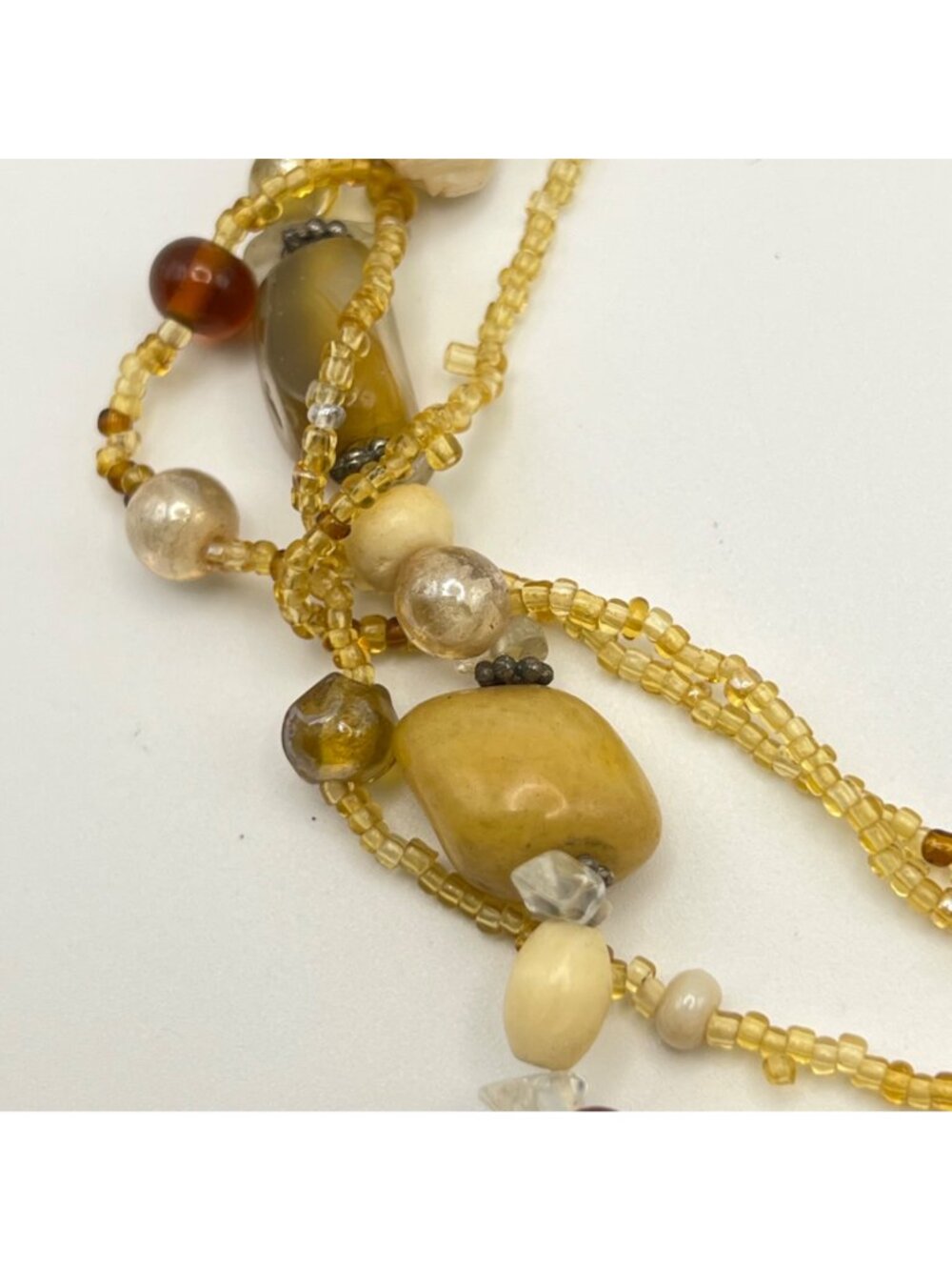 Multi Strand Quartz Glass Bead Necklace  Honey Amber Brown Cream 17-20.25" Boho - Picture 10 of 13